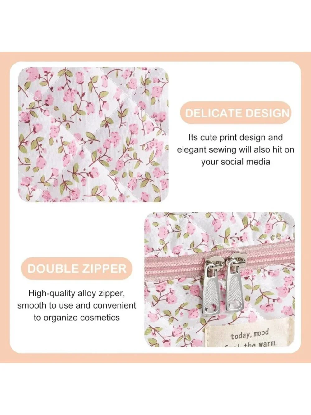 3PCS Quilted Makeup Bag Set - Large Travel Cosmetic Organizer, Cute Floral